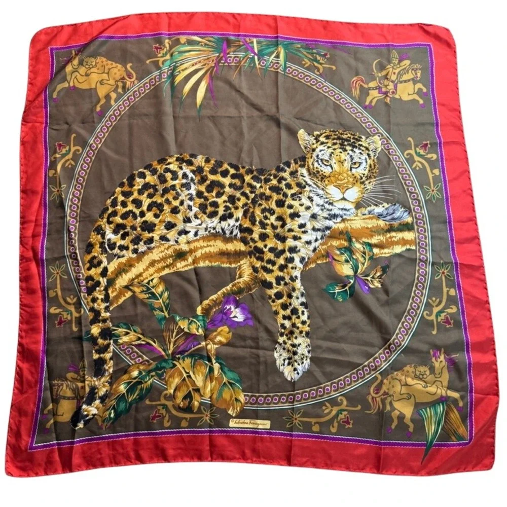 Salvatore Ferragamo Silk Scarf Leopard Jungle Animal Print Red Brown Italy 34in
